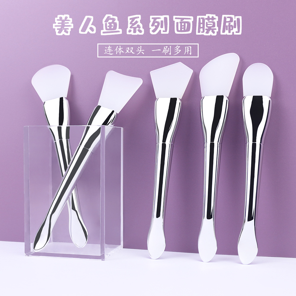 Cepillo de mascarilla de silicona de cola de pez plateado de doble cabezal, herramienta de mascarilla de arcilla de aplicación facial de doble propósito, cuchara de mascarilla de silicona de cabeza suave