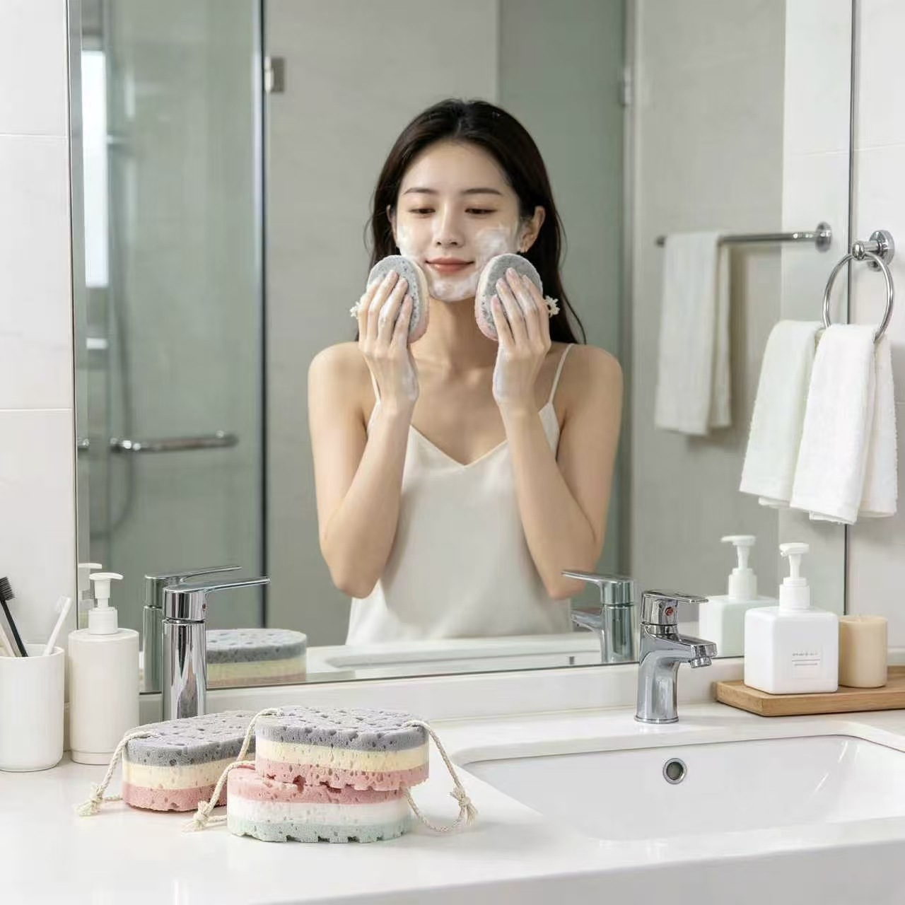 Double-sided exfoliating bath sponge for bathing