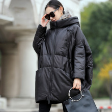 冬季新款海宁绵羊皮真皮皮衣羽绒服女中长款连帽韩版宽松黑色外套