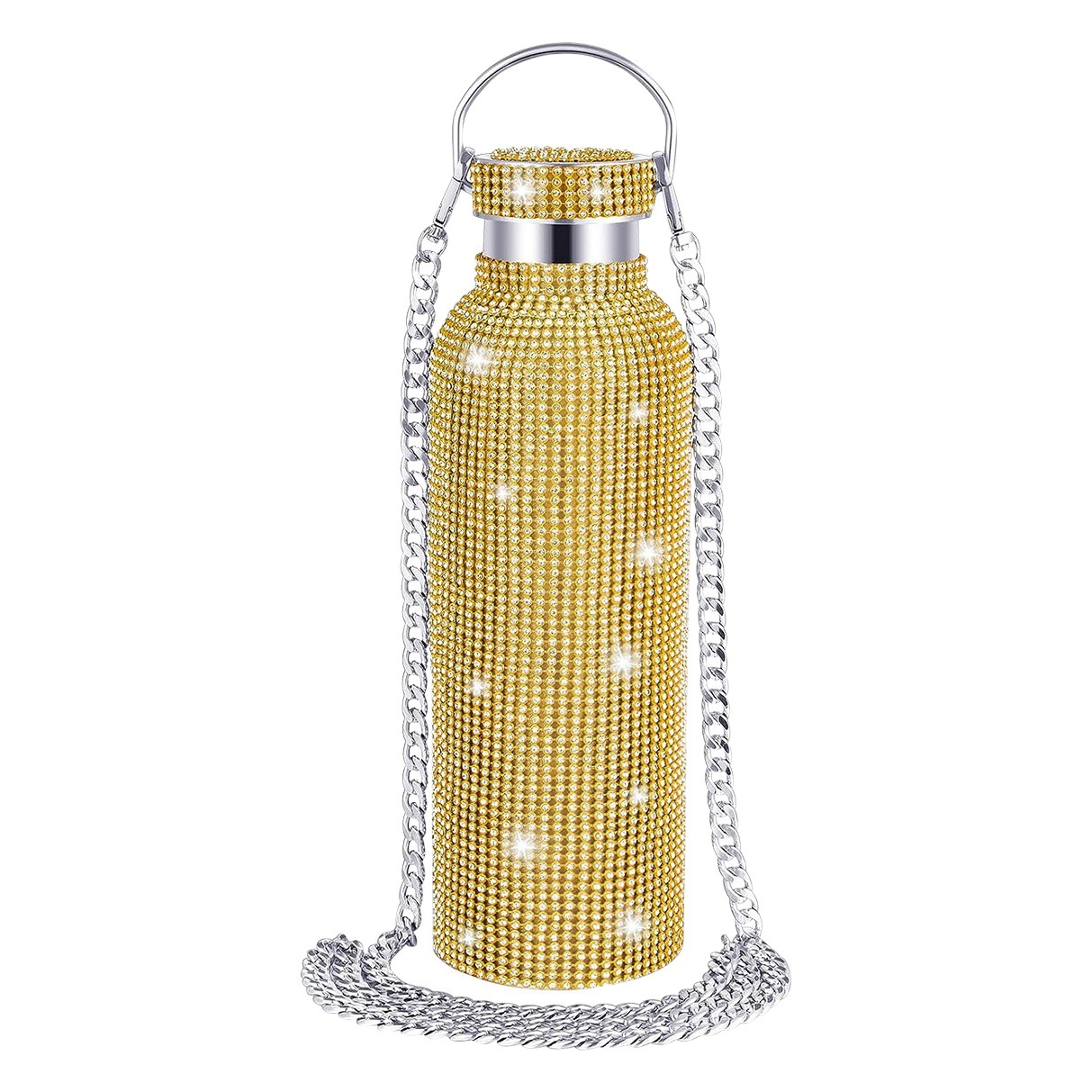 Copa termo de acero inoxidable de doble capa con incrustaciones de diamantes transfronterizas de Amazon, taza de agua de diamante con cadena, regalos en vivo de TikTok