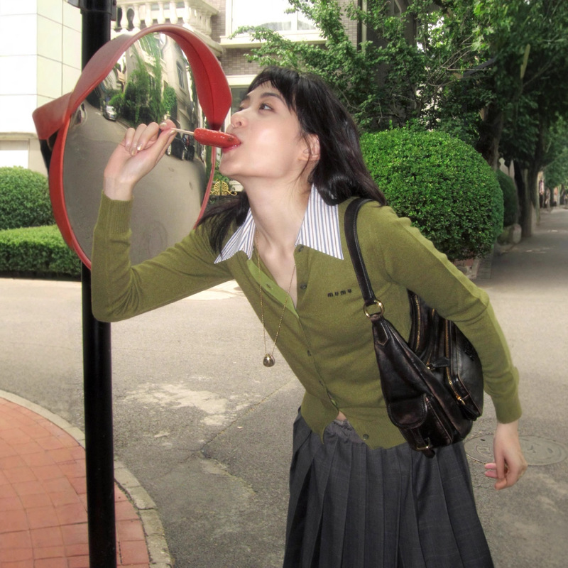 miu系羊绒开衫南油高版25新款假两件可拆卸翻领针织外套女毛衣|undefined