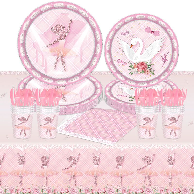 New Pink Ballet Girl Birthday Party Tableware Decoration Dancing White Swan Tablecloth Paper Plate Tissue suit