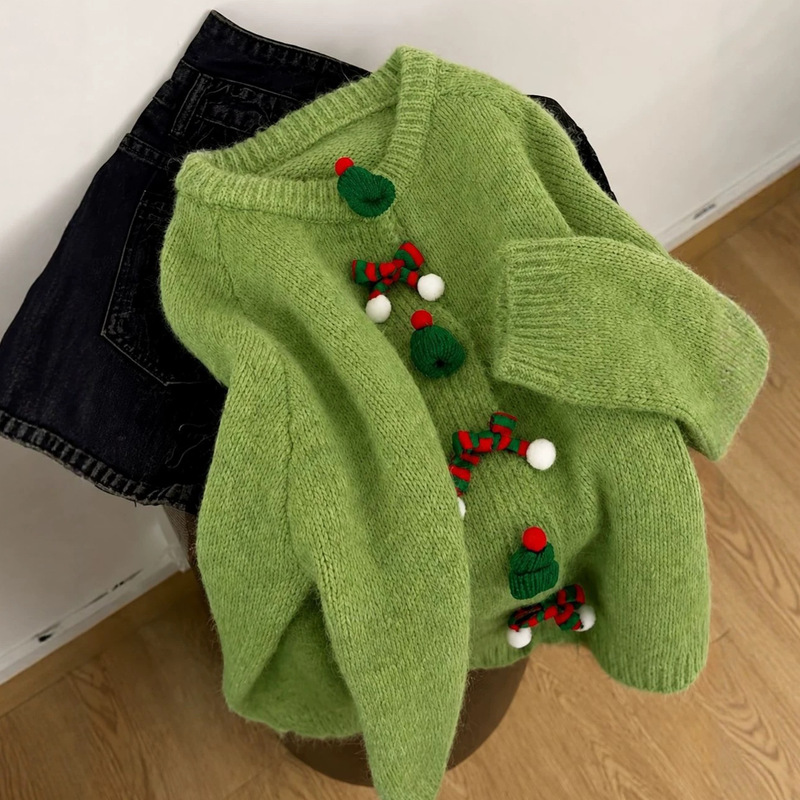Cross-border new Christmas decoration round-neck knitted cardigan, 2026 autumn/winter new collection, preppy style festive sweater coat Cross-border new Christmas decoration round-neck knitted cardigan, 2026 autumn/winter new collection, preppy style festive sweater coat