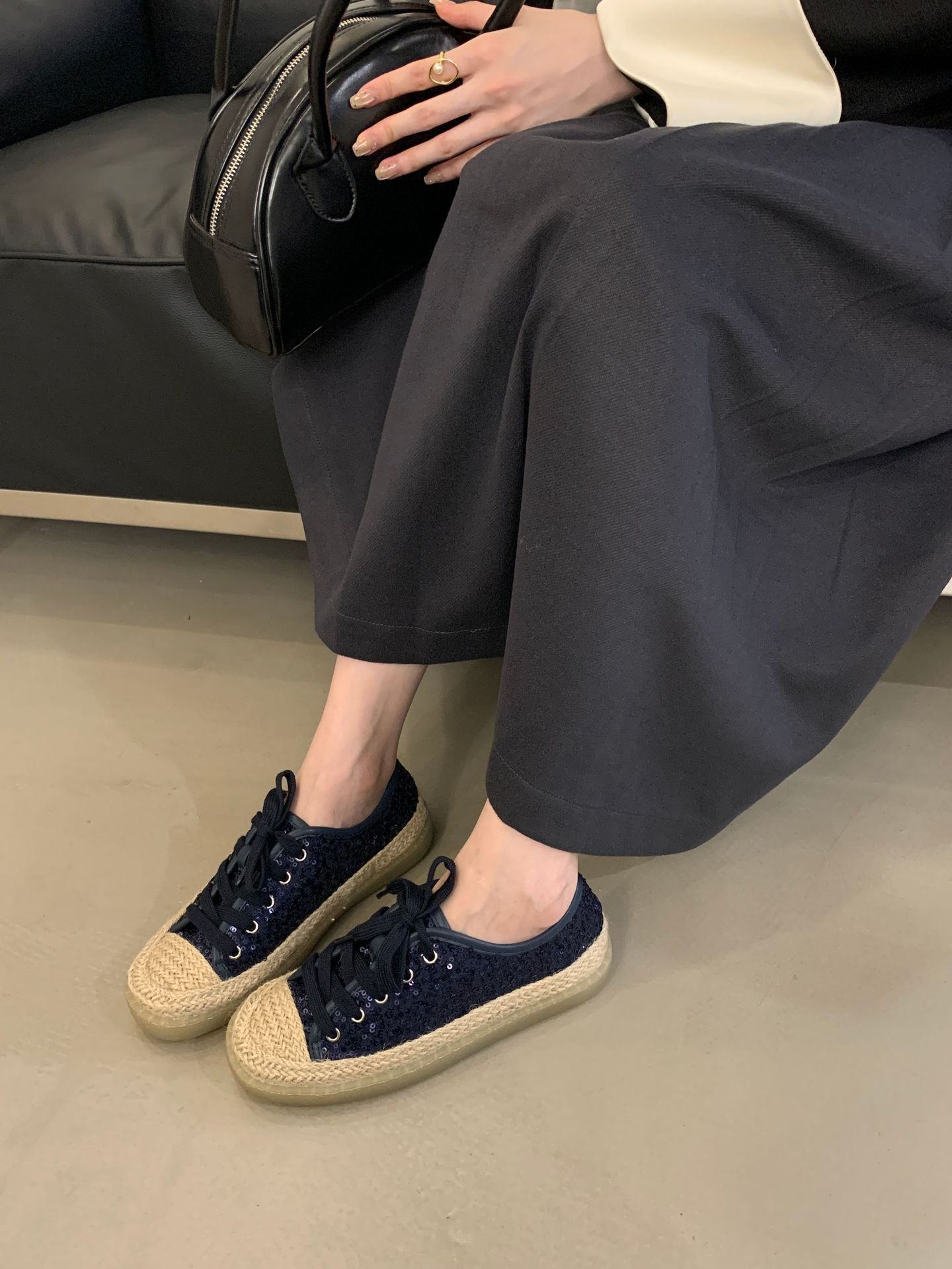 French-style High-end Straw-woven Thick-soled Lace-up Sequined Fisherman For Women, Slip-on Loafers, Fashionable Casual_vogvips.com