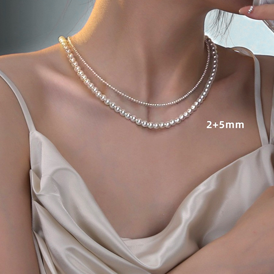 2mm巨细施家正圆无暇强光珍珠纯银项链女细锁骨链2025百搭毛衣链