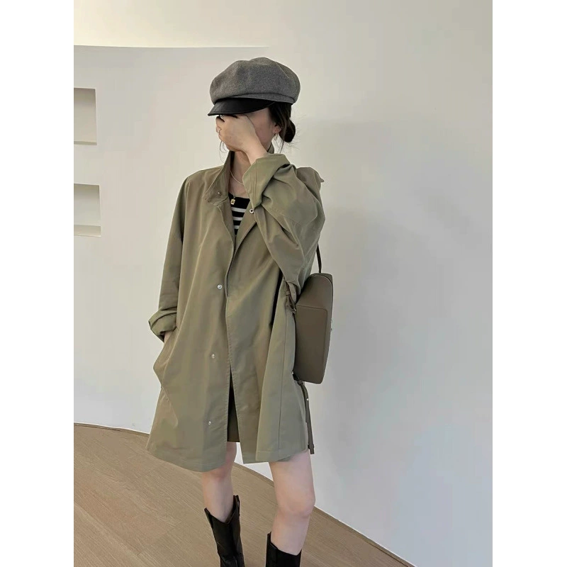 2024 Осенняя одежда Корейский чик тонкий ленивый ветер стоячий воротник свободный повседневный длинный рукав средний длинный плащ пальто для женщин