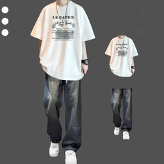 アメリカン半袖Tシャツメンズサマースーツ、ハイストリートジーンズ付き、ゆったりハンサムな男の子のトレンド一式