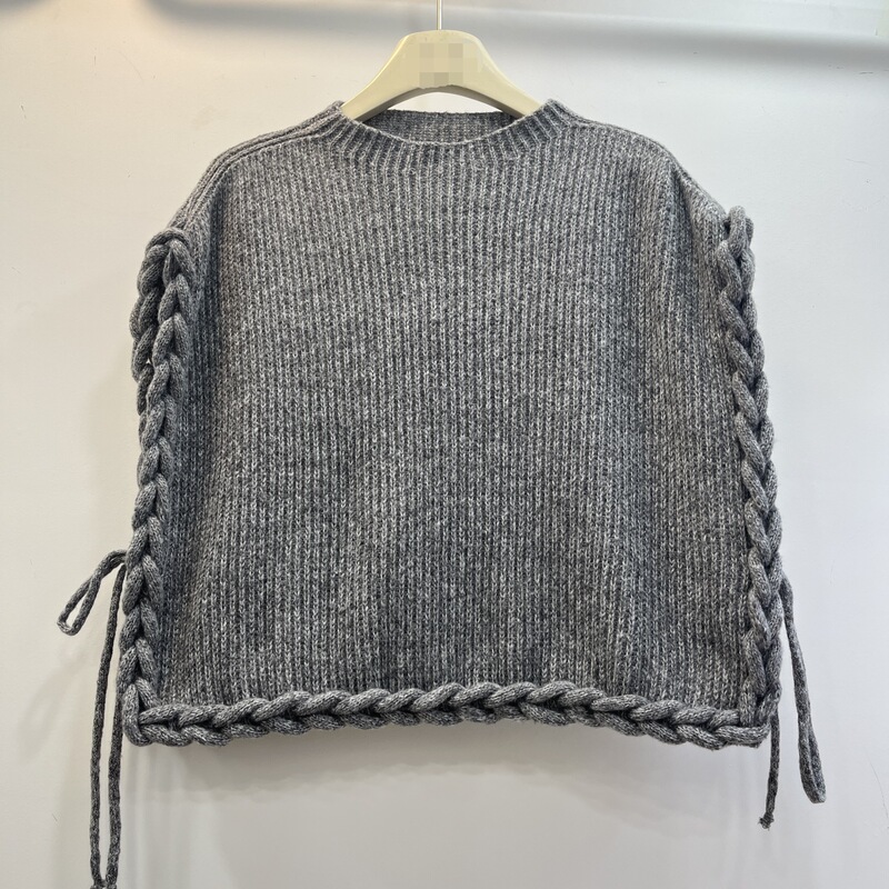 Unique Coarse Cable-Knit Shawl for Women with Side Ties, Round Neck, Loose Fit, Sleeveless Outerwear Vest