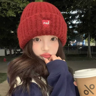 爱心刺绣毛线帽子女2024秋冬新款大头围针织帽大版型保暖护耳冷帽
