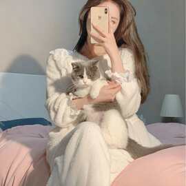 韩系公主风珊瑚绒睡衣女保暖加厚秋冬季纯欲风蕾丝花边家居服套装