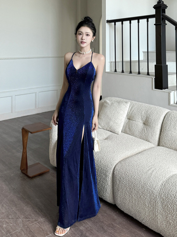 伊莉雅礼服吊带高开叉连衣裙夏季深V简约气质晚礼服吊带裙XS25163|undefined