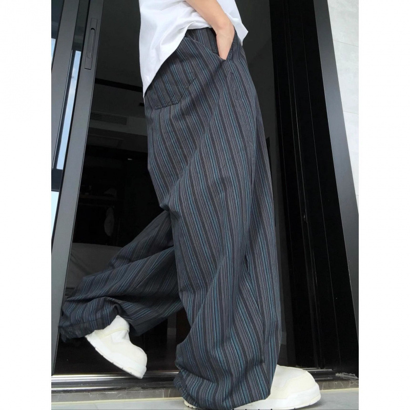 韩系松弛感ootd复古条纹设计感拖地裤cleanfit情侣宽松弯刀休闲裤