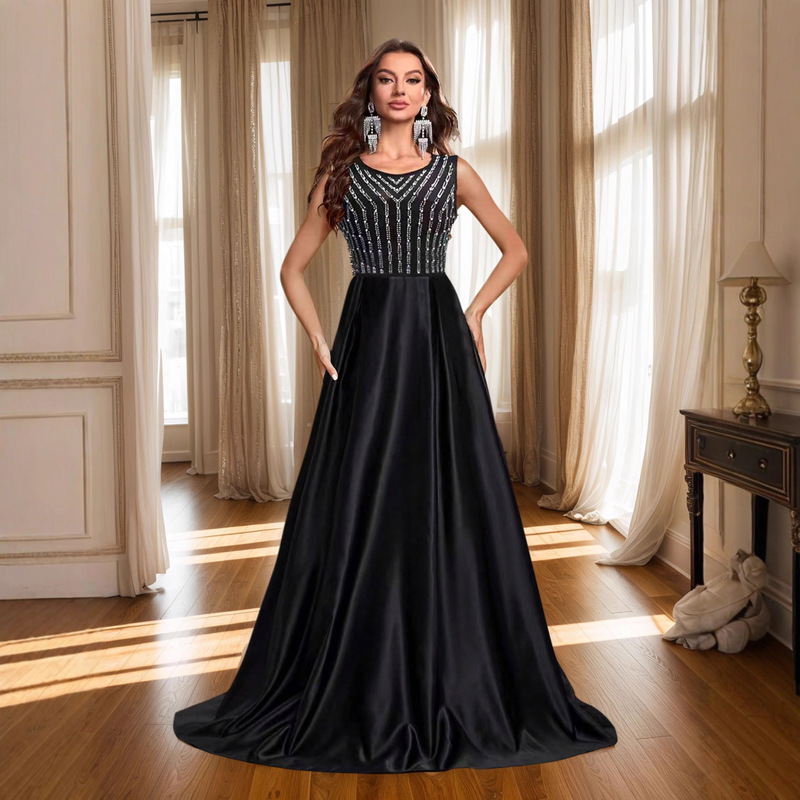 1071 European and American Style Cross-Border Fashion Sleeveless Long Dress with Diamond Round Neck Mesh Evening Dress Floor-Length A-Line Skirt 1071 European and American Style Cross-Border Fashion Sleeveless Long Dress with Diamond Round Neck Mesh Evening Dress Floor-Length A-Line Skirt