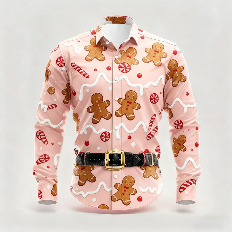 2025 Holiday Shirt Cross-Border Fashion Men's Christmas Flower Shirt 3D Digital Printing Long-Sleeved Shirt Lapel