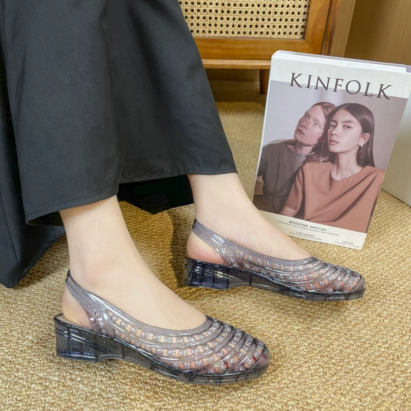 Модная обувь с кристаллами Jelly Crystal, увеличивающая рост, женские летние пластиковые сандалии в стиле кибер-знаменитостей, повседневные с мелким ртом, удобный полый рыбий рот