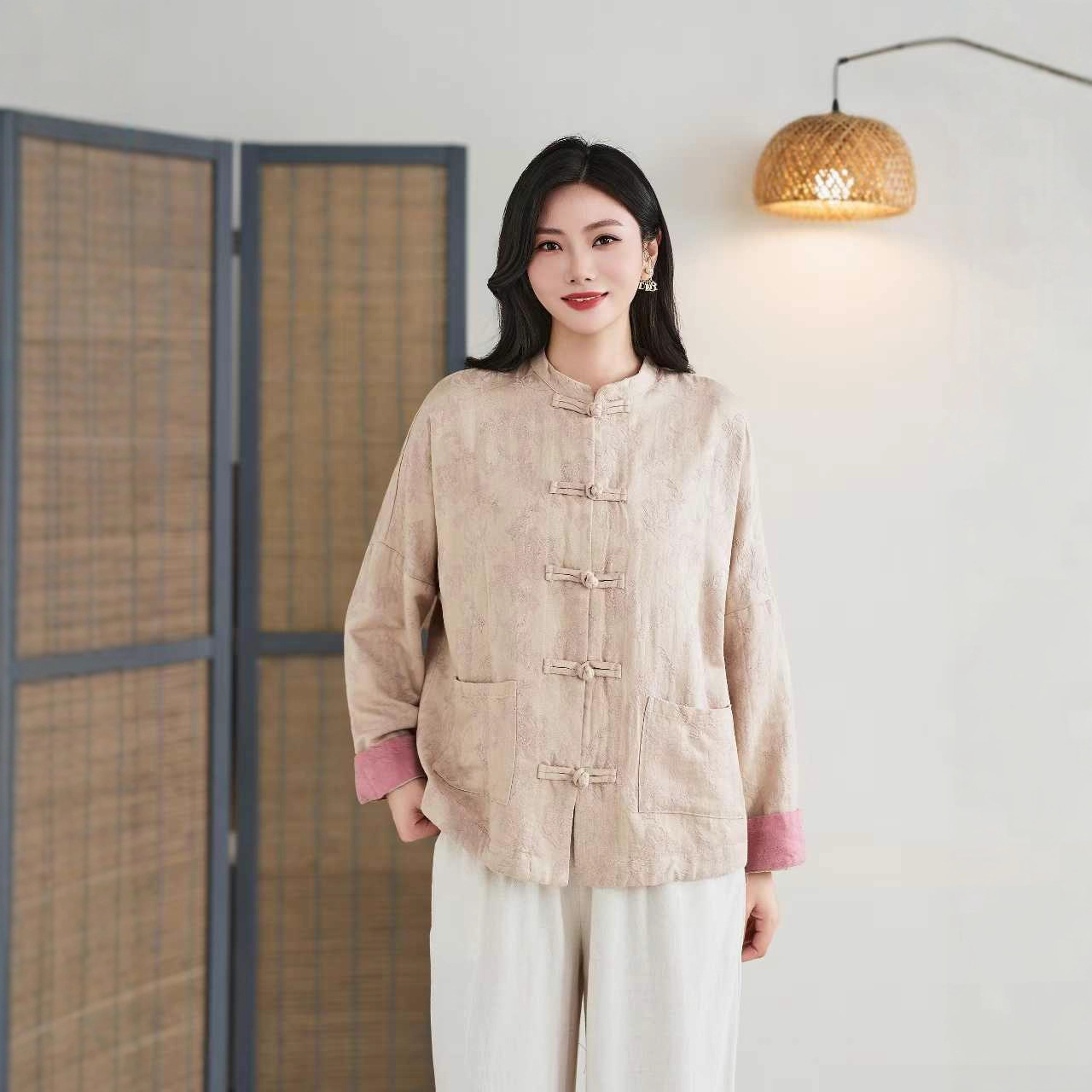 中式对襟盘扣棉麻开衫女秋季中国风衬衣立领长袖衬衫提花薄外套女