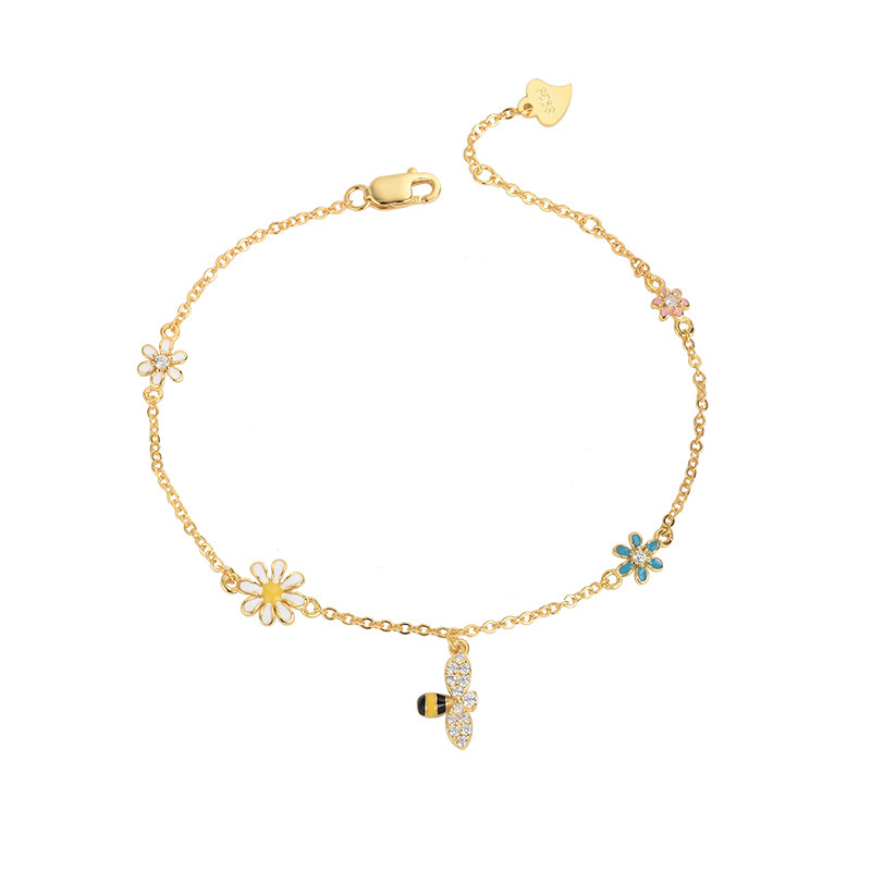 S925 plata verano nuevo estilo pequeña margarita brazalete de abeja pequeña flor fresca linda joyería de mano