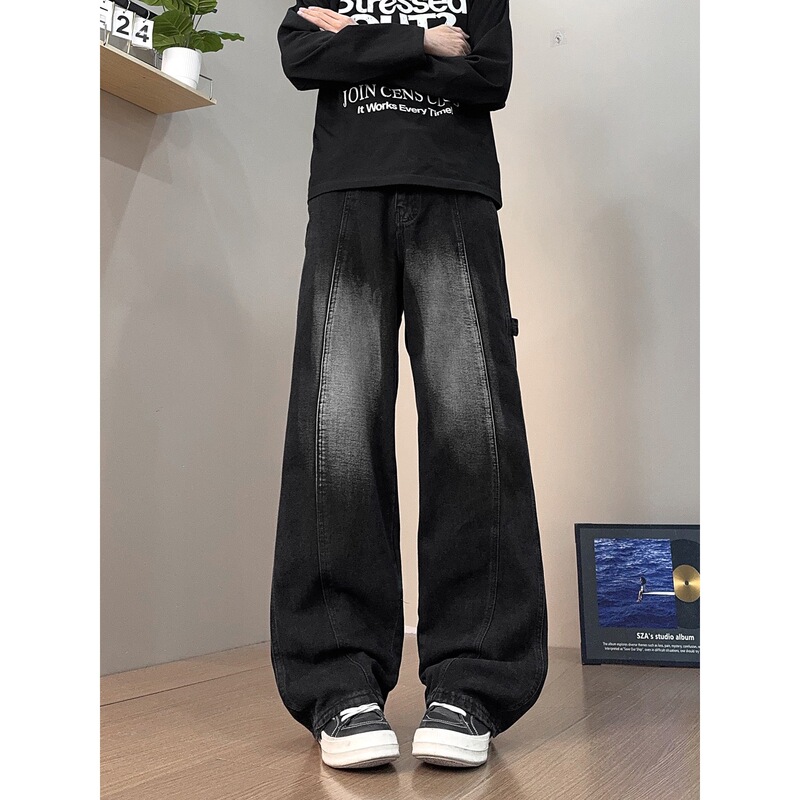 Washed Vintage Black Patchwork Loose Wide-Leg Jeans Unisex Niche American High Street Workwear Pants Floor-Length Trousers
