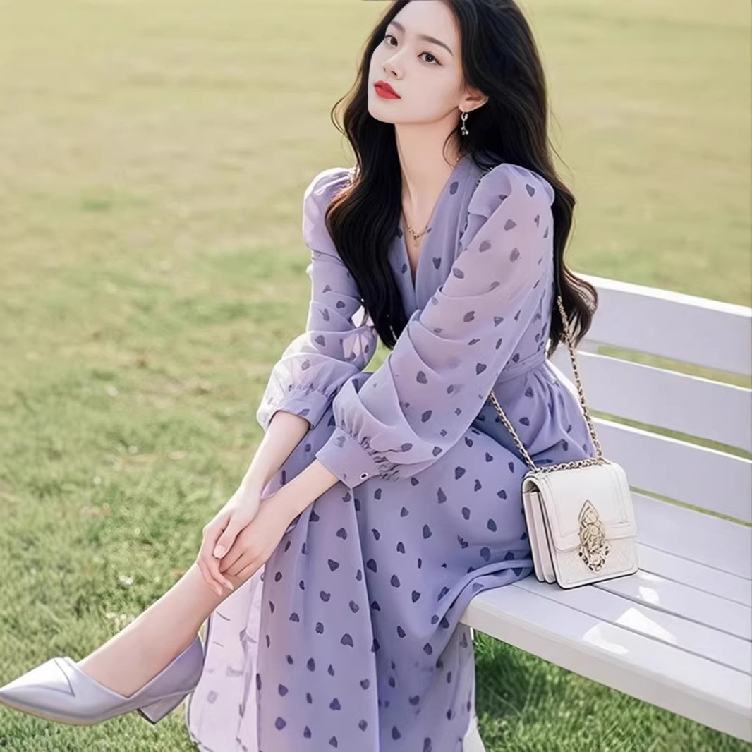 Váy dài maxi nữ họa tiết hoa tình yêu kiểu Pháp cổ điển — Hoa tím chi tiết 2