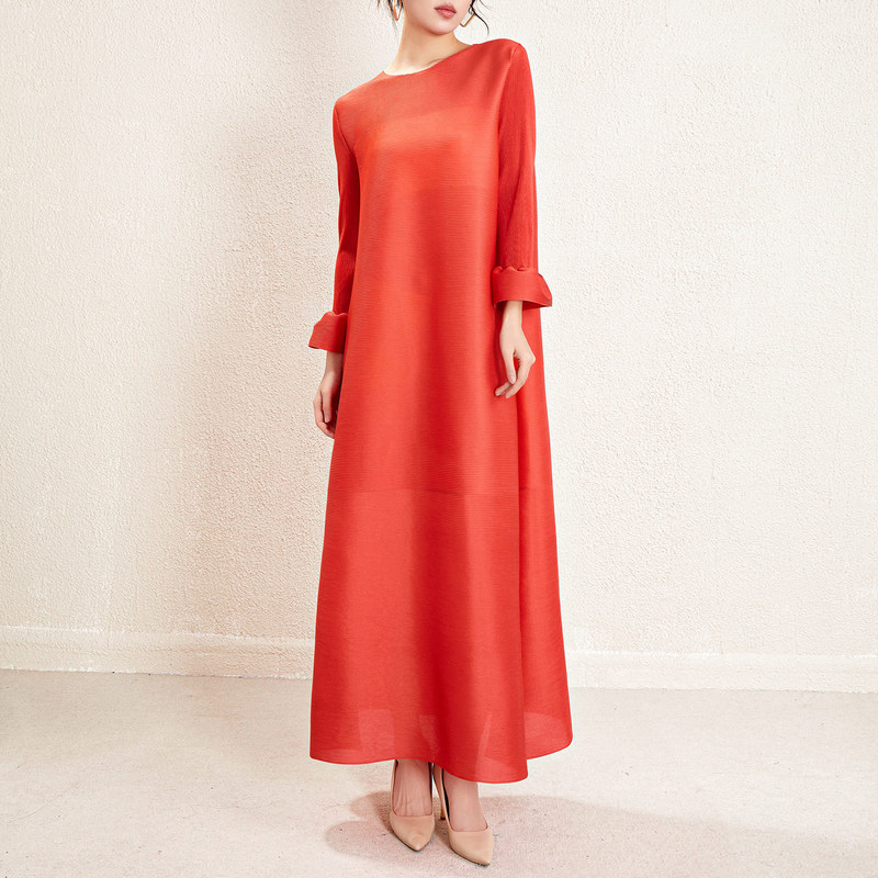 Miyake Cross-Border Elegant Long-Sleeved Dress for Women, Spring New Style, Plus Size, Drapey Long Dress, Fashionable and Elegant