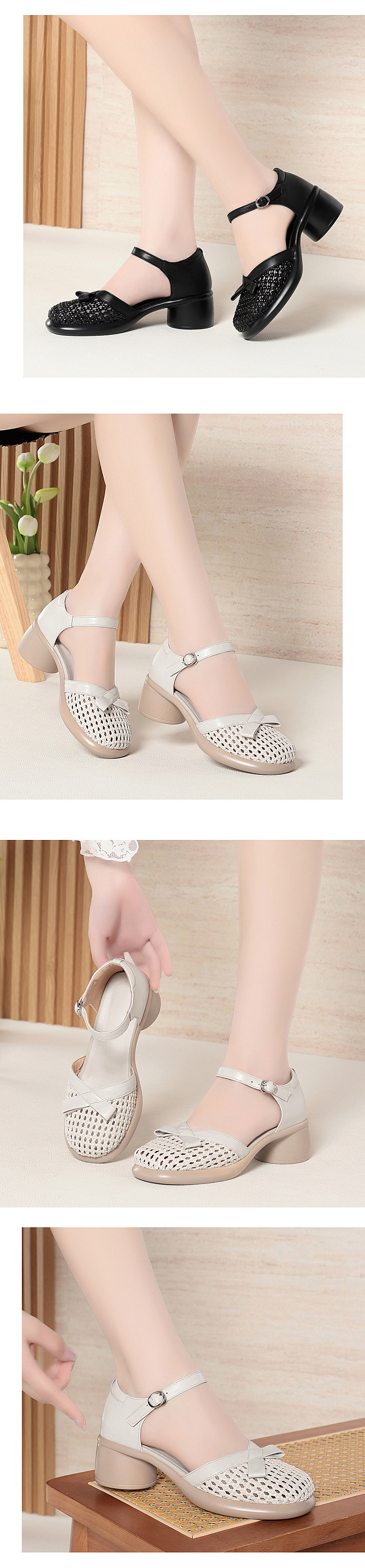 Sandal hở mũi nữ quai ngang da thật đế dày — màu be chi tiết 5