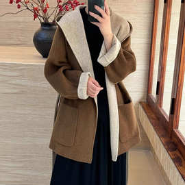 韩版连帽浴袍双面羊绒女装两穿大翻领毛呢子外套气质大衣2025秋冬