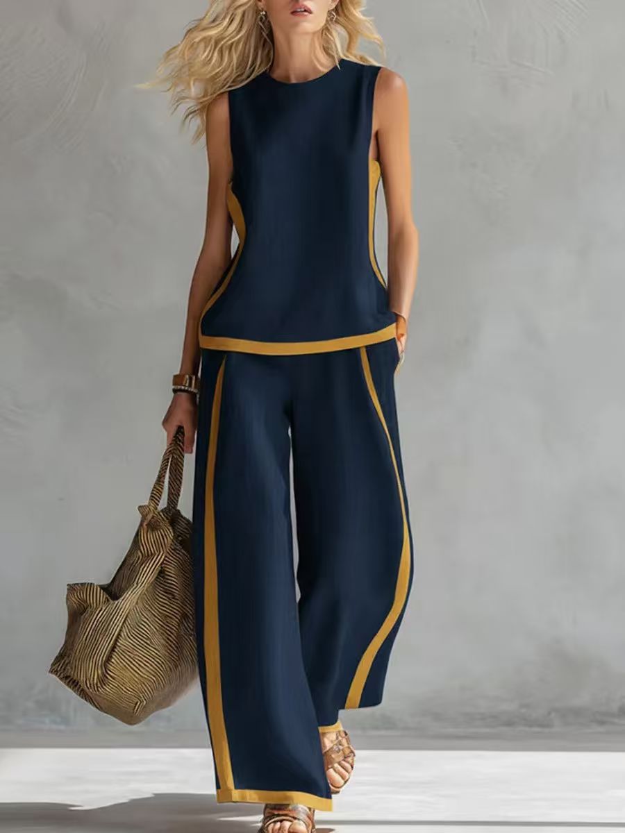 Women's Color-Block Wide-Leg Jumpsuit Casual Summer Two-Piece Set Sleeveless Comfortable Lounge Outfit with Contrast Trim_ecoleips.com