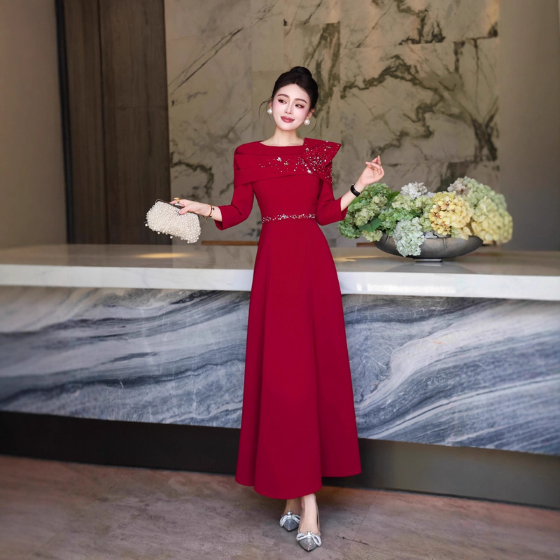 Mom's Wedding Banquet Dress Autumn Purple Noble Elegant Long Dress Mother-In-Law Wedding Toast Dress Cheongsam Dress