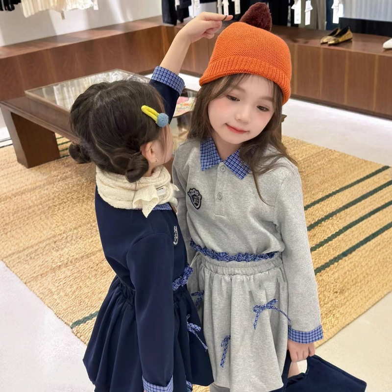儿童装女童姐妹套装格子拼色长袖上衣加蝴蝶结高腰裙25秋冬装新款|undefined