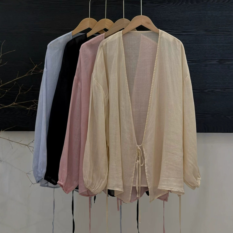 Ramie Lace-Up Cardigan Top for Women, New Summer Style, Artistic Fashion, Versatile, Loose Fit, Slimming, Thin Blouse for Women