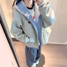 韩系格子拼接绣花外套女春秋冬加绒保暖卫衣oversize宽松慵懒开衫