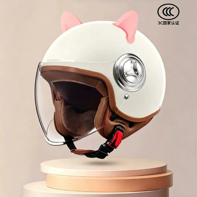 Motosiklet kaskı (dəbilqə) women, suitable for all seasons, 3C - 801off-white-transparent-long-mirror-pink-ears