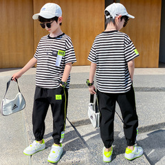 夏季童裝2024年新款男童套裝中大童時尚男孩夏裝條紋短袖兩件套潮