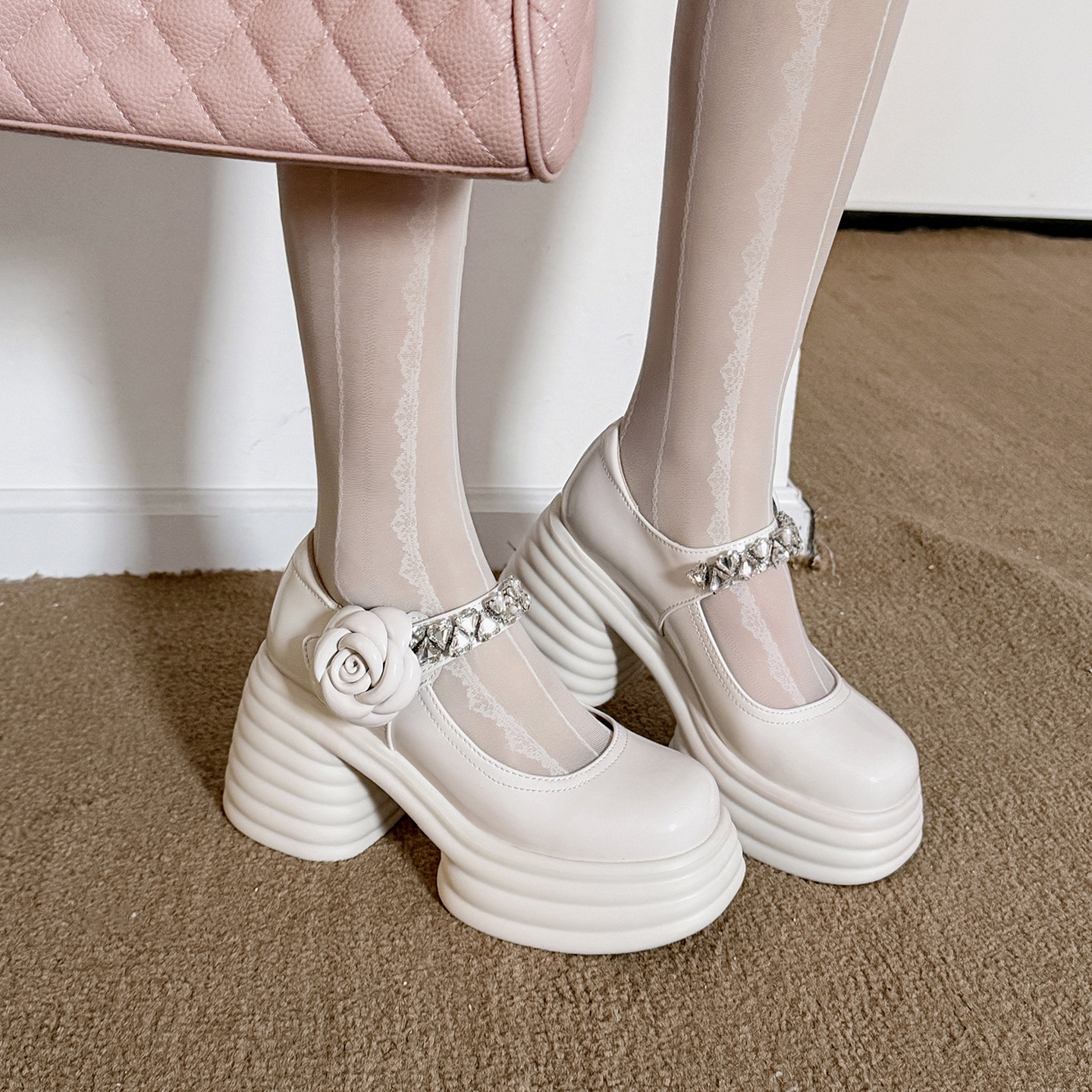 Giày sandal cao gót nữ quai ngang đế dày gót 9 cm đính hoa pha lê — màu đen, màu hồng, màu trắng ngà