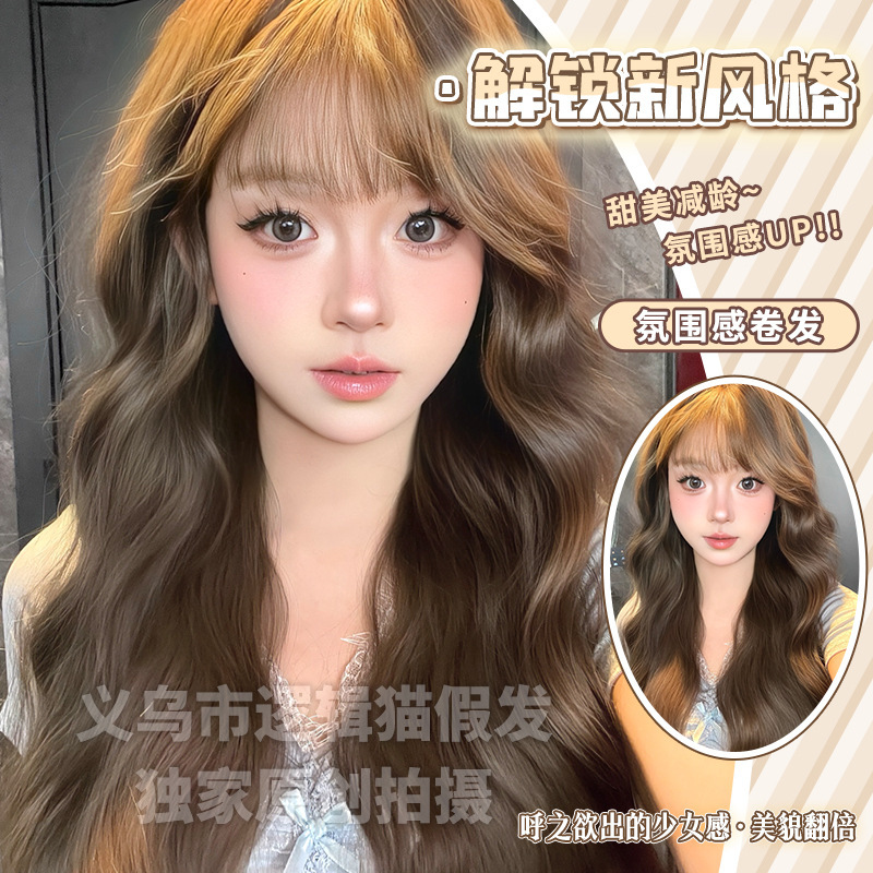 Logic Cat Wig Summer New Women's Long Curly Hair Lolita Realistic Air Bangs Wig Full-cover Wig Logic Cat Wig Summer New Women's Long Curly Hair Lolita Realistic Air Bangs Wig Full-cover Wig