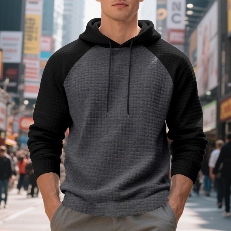 Schweres Kapuzensweatshirt mit Farbblockdesign für Herren, lockere Passform, Pullover mit Kordelzug für lässige Streetwear (Schwarz/Grau, Armeegrün/Beige)_voghion.com