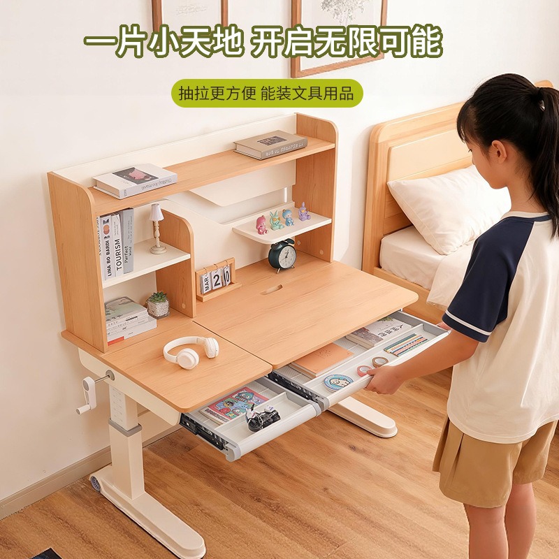 Pure Solid Wood Study Desk for Students, Home-Use Adjustable Desk, Solid Wood Writing Desk, Adjustable Height, Modern and Simple