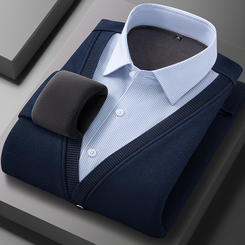 Fabricantes de invierno de suéter de lana falsos dos camisas de cacho para hombres cálidos y cómodos suéter de lana al por mayor
