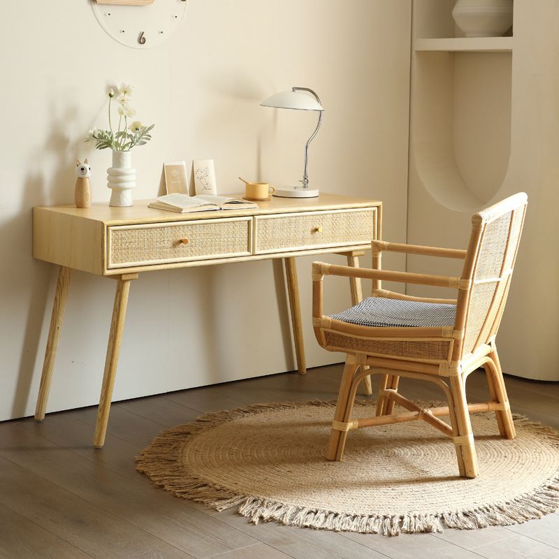 Nordic Solid Wood Desk Bedroom Study Table Japanese Style Desktop Rattan Writing Desk Home Simple Modern Office Desk