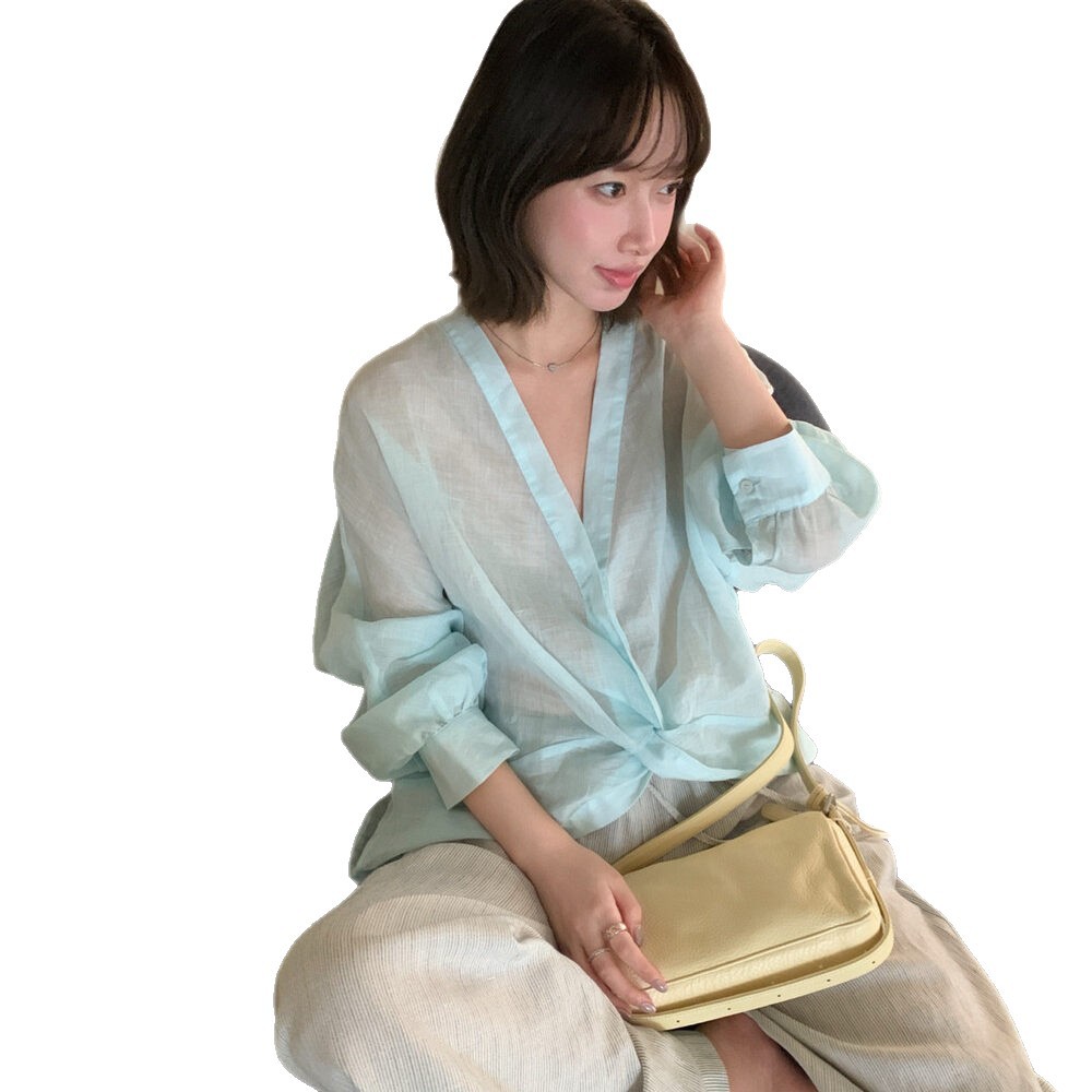 Áo sơ mi nữ dài tay cổ V chất liệu ramie thoáng mát, thiết kế nút thắt phía trước, form rộng — Xanh nước biển, màu hồng, màu cam
