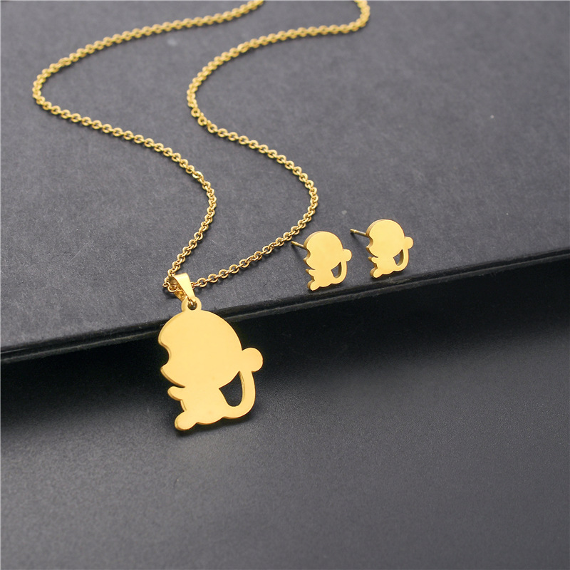 fashion hollow monkey pendant necklace earrings set stainless steel jewelry
