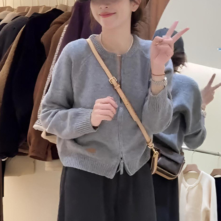 Gray Double Zipper Round Neck Long-Sleeved Knitted Sweater Jacket for Women 2025 New Winter Loose Top for Small People