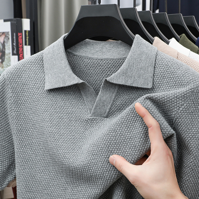 Live Explosions Pure Cotton Seagull Collar Pineapple Knitted Short-sleeved Men's T-shirt Summer Thin Fashion Men's V-neck POLO Shirt