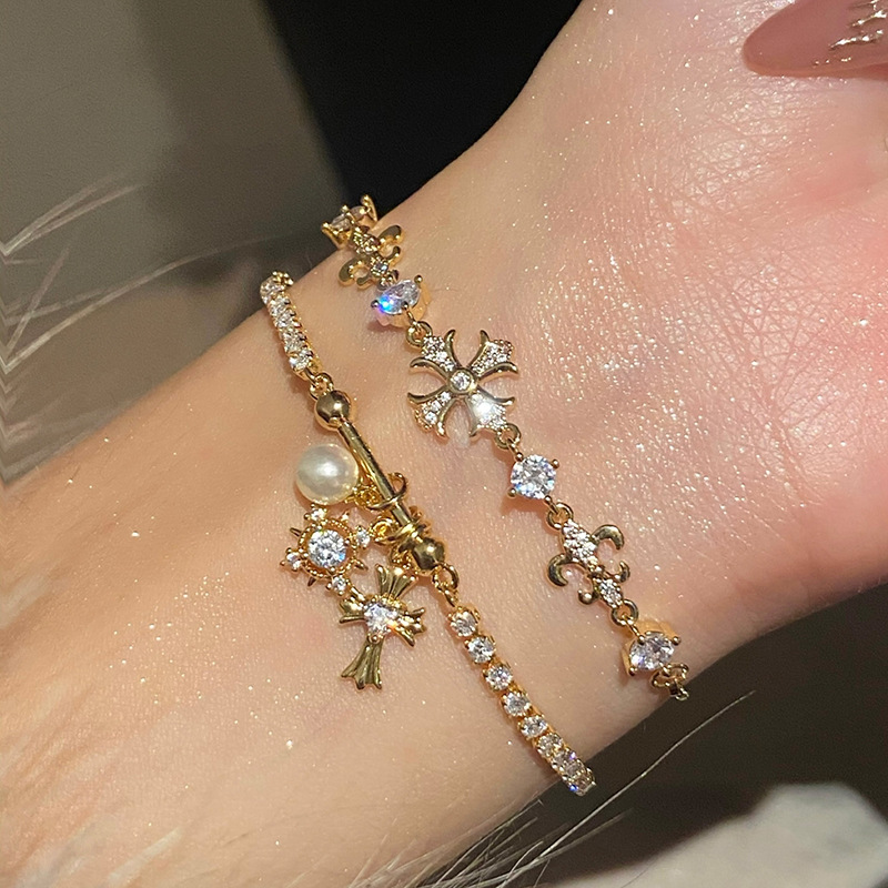 ジルコン雪花十字架真珠調節可能なブレスレット中古ヴィンテージ手環レトロファッション気質手飾り