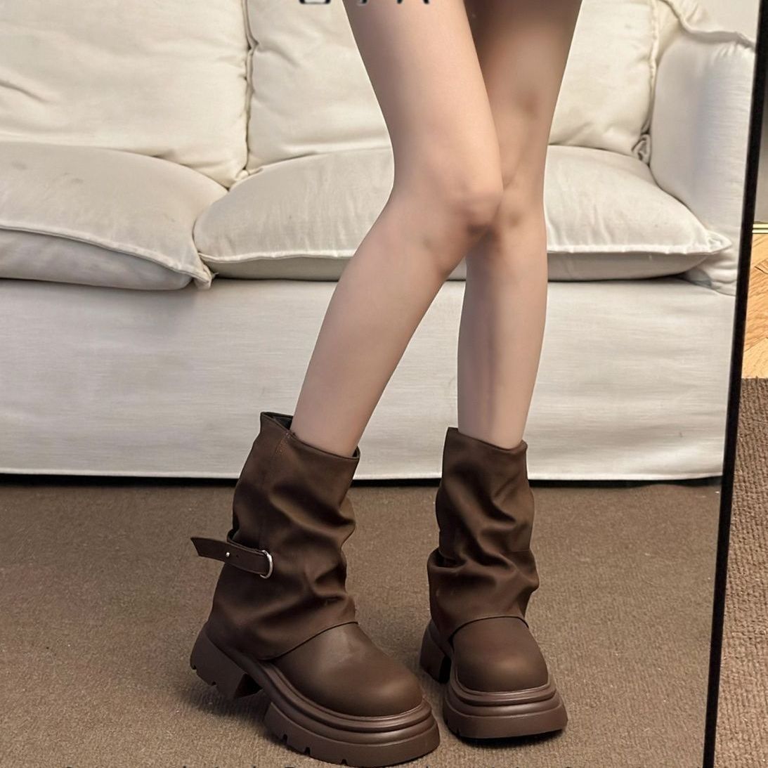 Maillard Short Boots for Women, Brown Martin Boots, 2025 Autumn and Winter New Thick-Soled Western Booties, Retro Slouch Boots