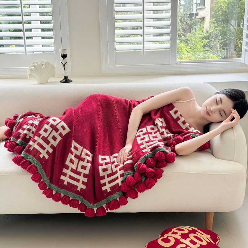 囍字手工针织玫瑰花束毯子结婚订婚送礼毛毯披肩毯休闲设计感盖毯|undefined