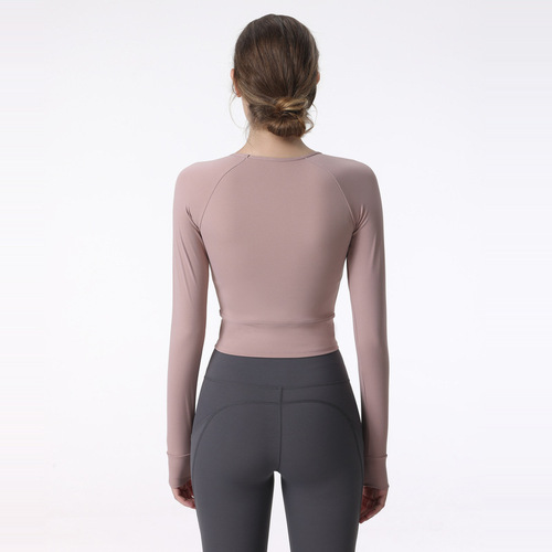 Yoga tops for women, long-sleeved chest pads, running training sports quick-drying tops, navel-baring tight-fitting fitness clothes, cross-border