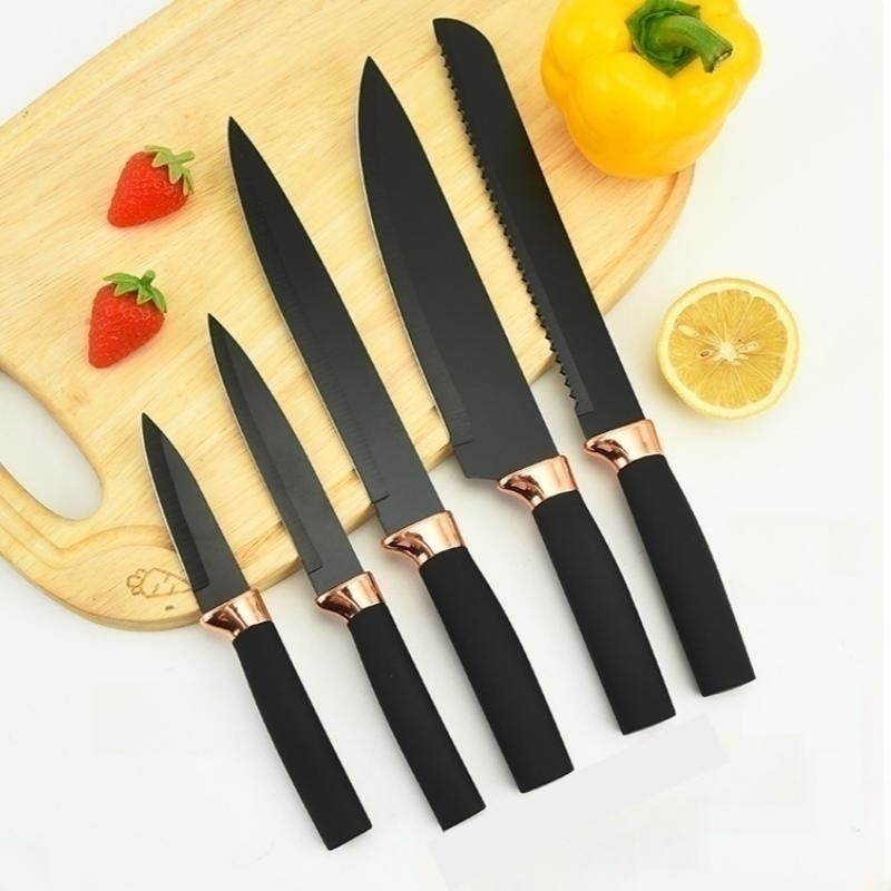 Cuchillos de acero inoxidable de cocina de punto de comercio exterior juego completo de cuchillos de cabezal de galvanoplastia de oro rosa, mango recto de hoja negra, succión de doble cara