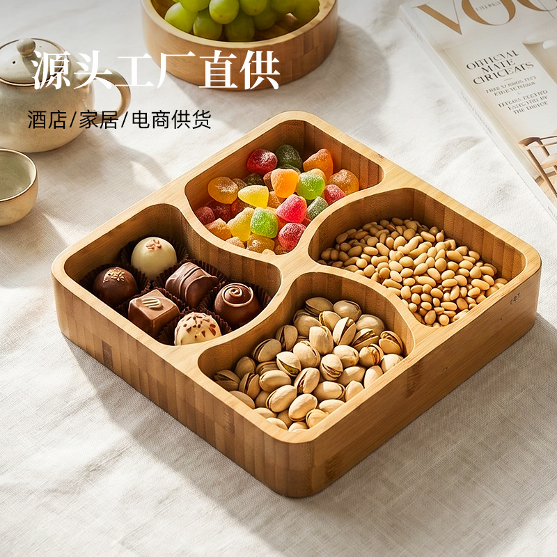 bandeja de té de bambú y madera, caja de almacenamiento de frutas secas para té hervido, bandeja de frutas dividida para bocadillos, dulces, semillas de melón, bandeja dividida image 4