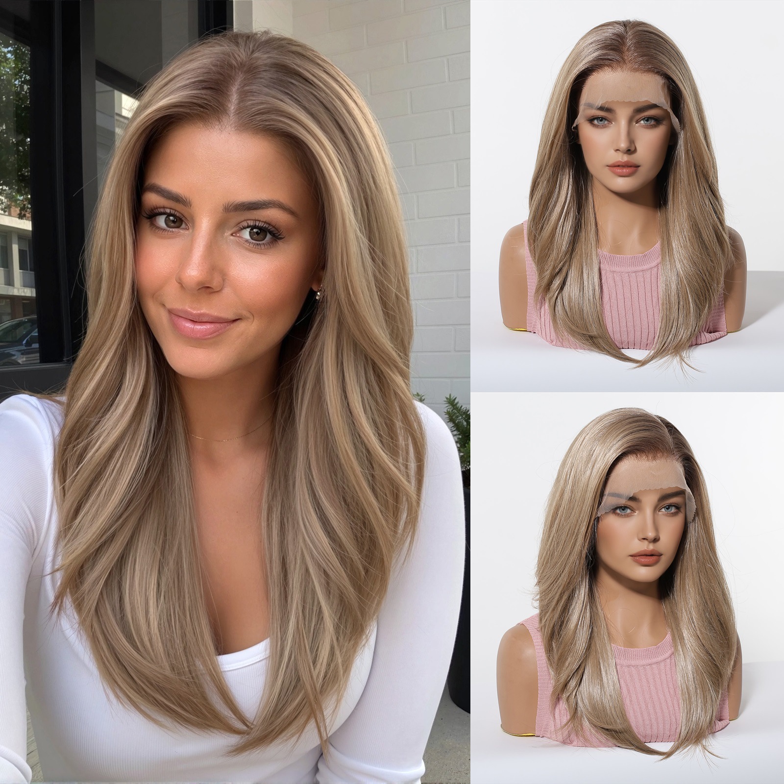 Peluca de encaje transfronteriza 13*6HD de gran superficie con raya al medio, cabello largo y liso negro-marrón, peluca de encaje completa de moda.